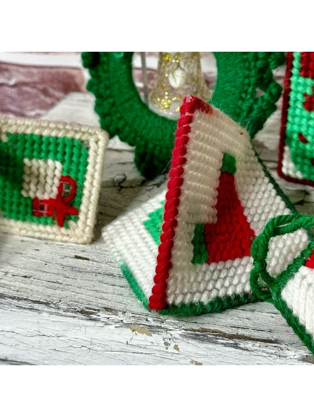 Vintage Lot 21 Plastic Canvas & Crocheted Christmas Ornaments & Poinsettia Decor